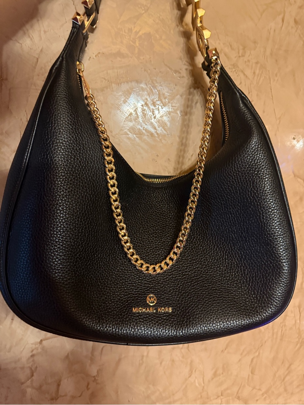 Michael Kors Black Pebbled Leather Hobo Bag with Gold Chain Accent